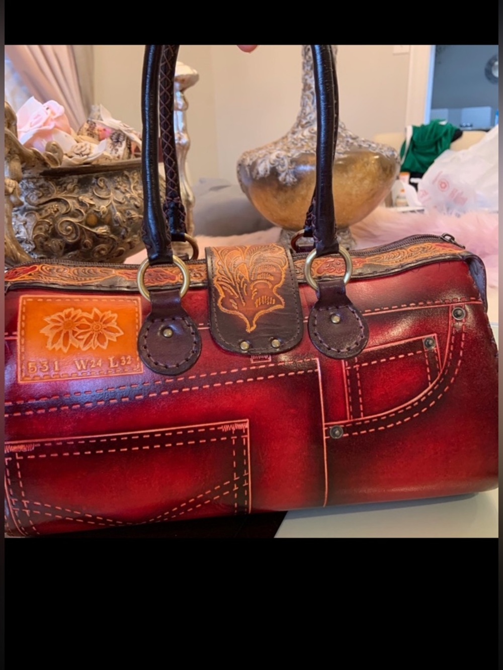 Artisan Red Barrel Shoulder Bag with Embossed Accents